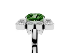 Fancy Green Cushion Cut Diamond Cluster Halo Ring Set in White gold with Milgrain Bezel Accents and Plain Band