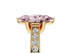 Fancy Pink Marquise Cut Diamond Solitaire Ring Set in Yellow gold with Milgrain-Edged Pavé Band and Prong Setting