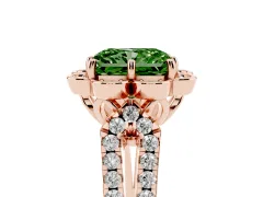 Fancy Green Radiant Cut Diamond Floral Halo Split Shank Engagement Ring Set in Rose gold with Pavé Shank