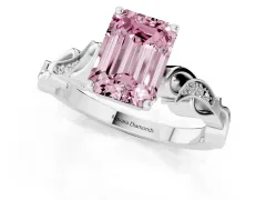 Fancy Pink Emerald Cut Diamond Vine Band Solitaire Ring Set in Platinum with Milgrain Prong Setting