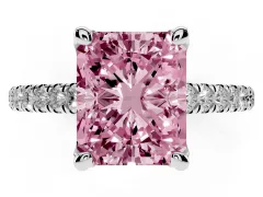 Fancy Pink Radiant Cut Diamond Solitaire Ring Set in Platinum with Brilliant Pavé Band and Prong Setting