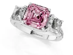 Fancy Pink Asscher Cut Diamond Three-Stone Ring Set in Silver with Pavé Band