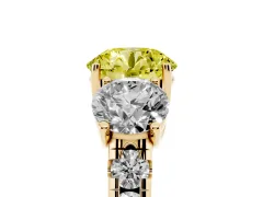Fancy Yellow Round Cut Diamond Three-Stone Ring Set in Yellow gold with Pavé Band