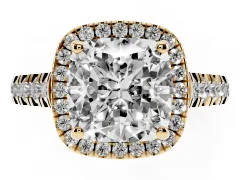 Cushion Cut Diamond Halo Engagement Ring Set in Yellow gold with Pavé Band and Prong-Set Center