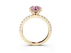 Fancy Pink Round Cut Diamond Pavé Solitaire Ring Set in Yellow gold with Round Band Accents and Prong Setting