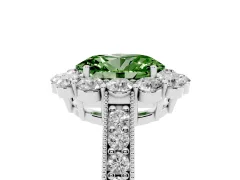 Fancy Green Oval Cut Diamond Halo Pavé Engagement Ring Set in Platinum with Milgrain Detailing