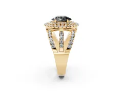 Fancy Black Oval Cut Diamond Double Halo Ring Set in Yellow gold with Round Pavé Split Shank