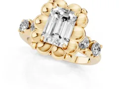 Emerald Cut Diamond Floral Halo Ring Set in Yellow gold with Shared Prong Band