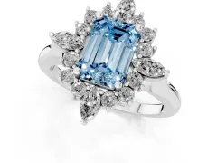 Fancy Blue Emerald Cut Diamond Cluster Halo Ring Set in Platinum with Marquise and Round Accents