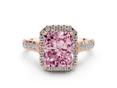 Fancy Pink Radiant Cut Diamond Halo Engagement Ring Set in Rose gold with Pavé Band and Prong-Set Center