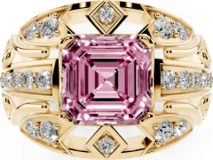Fancy Pink Asscher Cut Diamond Art Deco Ring Set in Yellow gold with Pavé Split Shank