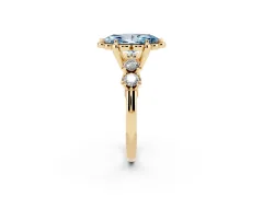 Fancy Blue Marquise Cut Diamond Floral Halo Ring Set in Yellow gold with Shared Prong Band