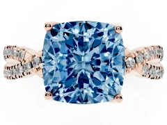 Fancy Blue Cushion Cut Diamond Twist Pavé Solitaire Engagement Ring Set in Rose gold with Prong Setting