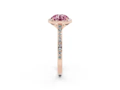 Fancy Pink Round Cut Diamond Halo Engagement Ring Set in Rose gold with Round Pavé Shoulders and Heart Gallery