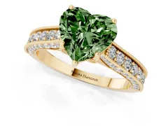 Fancy Green Heart Cut Diamond Solitaire Ring Set in Yellow gold with Milgrain-Edged Pavé Band and Prong Setting