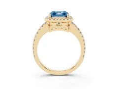 Fancy Blue Asscher Cut Diamond Halo Ring Set in Yellow gold with Pavé Shoulders and Halo-Framed Center