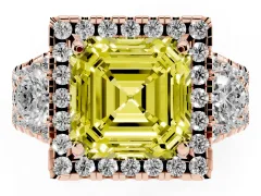 Fancy Yellow Asscher Cut Diamond Halo Split Shank Ring Set in Rose gold with Round Accent Stones and Prong Setting