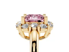 Fancy Pink Princess Cut Diamond Halo Cluster Engagement Ring Set in Yellow gold with Polished Band and Prong Setting