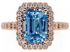 Fancy Blue Radiant Cut Diamond Halo Ring Set in Rose gold with Pavé Milgrain Band