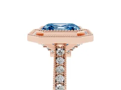 Fancy Blue Asscher Cut Diamond Halo Milgrain Pavé Band Ring Set in Rose gold with Prong Setting