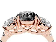 Fancy Black Round Cut Diamond Three-Stone Ring Set in Rose gold with Pavé Band