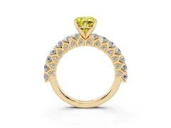 Fancy Yellow Cushion Cut Diamond Solitaire Ring Set in Yellow gold with Shared Prong Pavé Band