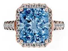 Fancy Blue Radiant Cut Diamond Halo Engagement Ring Set in Rose gold with Pavé Band and Prong-Set Center