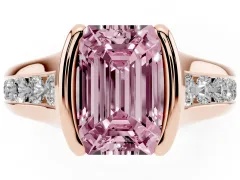 Fancy Pink Emerald Cut Diamond Bezel-Set Solitaire Ring Set in Rose gold with Channel-Set Band