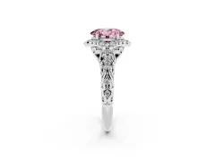 Fancy Pink Oval Cut Diamond Solitaire Ring Set in Platinum with Hidden Halo and Pavé Band