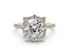 Cushion Cut Diamond Halo Ring Set in Yellow gold with Pavé Band and Prong Setting