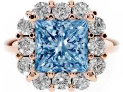 Fancy Blue Princess Cut Diamond Halo Cluster Engagement Ring Set in Rose gold with Polished Band and Prong Setting