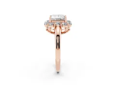 Princess Cut Diamond Milgrain Halo Solitaire Ring Set in Rose gold with Bezel Set Side Stones and Pavé Band