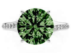 Fancy Green Round Cut Diamond Solitaire Ring Set in White gold with Pavé Accent Band and Classic Prong Setting
