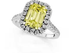 Fancy Yellow Emerald Cut Diamond Cushion Halo Ring Set in White gold with Pavé Band