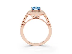 Fancy Blue Cushion Cut Diamond Milgrain Halo Solitaire Ring Set in Rose gold with Bezel Set Side Stones and Pavé Band
