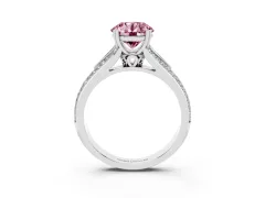 Fancy Pink Round Cut Diamond Split Shank Pavé Engagement Ring Set in Platinum with Prong-Set Center Stone