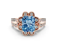 Fancy Blue Radiant Cut Diamond Floral Halo Split Shank Engagement Ring Set in Rose gold with Pavé Shank