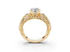 Round Cut Diamond Art Deco Ring Set in Yellow gold with Pavé Split Shank