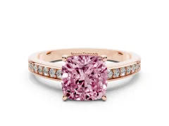 Fancy Pink Cushion Cut Diamond Pavé Band Prong Set Solitaire Ring Set in Rose gold