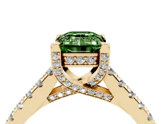 Fancy Green Emerald Cut Diamond Solitaire Ring Set in Yellow gold with Brilliant Pavé Band and Prong Setting