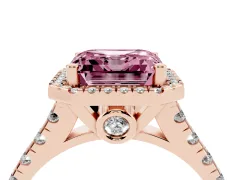 Fancy Pink Asscher Cut Diamond Halo Engagement Ring Set in Rose gold with Pavé Band and Prong-Set Center