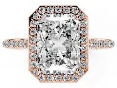 Radiant Cut Diamond Halo Engagement Ring Set in Rose gold with Round Pavé Shoulders and Heart Gallery