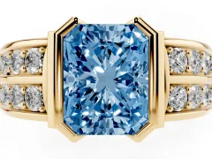 Fancy Blue Radiant Cut Diamond Wide Channel Set Band Ring Set in Yellow gold with Bezel Setting