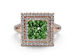 Fancy Green Princess Cut Diamond Double Halo Ring Set in Rose gold with Pavé Band