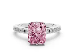 Fancy Pink Radiant Cut Diamond Solitaire Engagement Ring Set in Silver with Pavé Band and Prong Setting