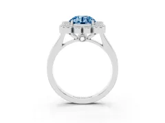 Fancy Blue Round Cut Diamond Cluster Halo Ring Set in Platinum with Milgrain Bezel Accents and Plain Band