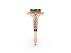 Fancy Green Emerald Cut Diamond Milgrain Halo Solitaire Ring Set in Rose gold with Bezel Set Side Stones and Pavé Band