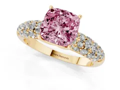 Fancy Pink Cushion Cut Diamond Pavé Band Solitaire Ring Set in Yellow gold with Close-Set Accent Stones and Prong Setting