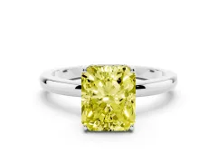 Fancy Yellow Radiant Cut Diamond Solitaire Ring Set in Platinum with Plain Band and Prong Setting