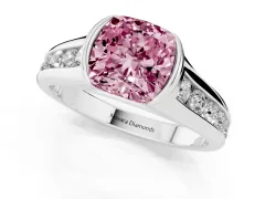 Fancy Pink Cushion Cut Diamond Bezel-Set Solitaire Ring Set in Platinum with Channel-Set Band